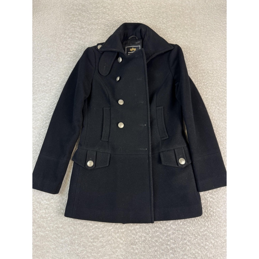 Alpha Industries Coat Womens Small‎ Black Wool Cashmere Peacoat Double Breasted